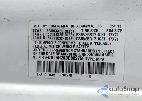 2013 Honda Odyssey Lx z USA, uszkodzony, nr VIN 5FNRL5H26DB082759